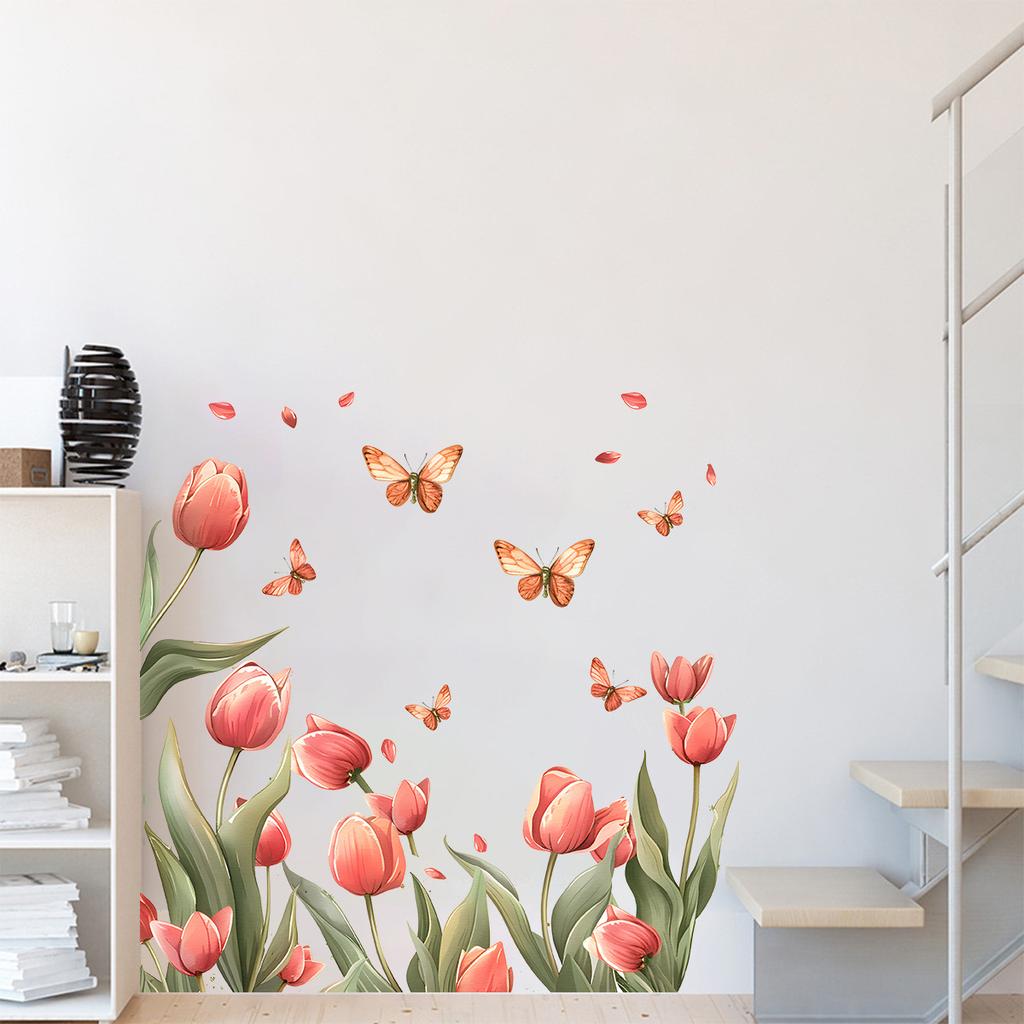Tulip Butterfly Flowers Wall Stickers for Kids Room Nursery Kindergarten Classroom Wall Decoration Skirting Board Design