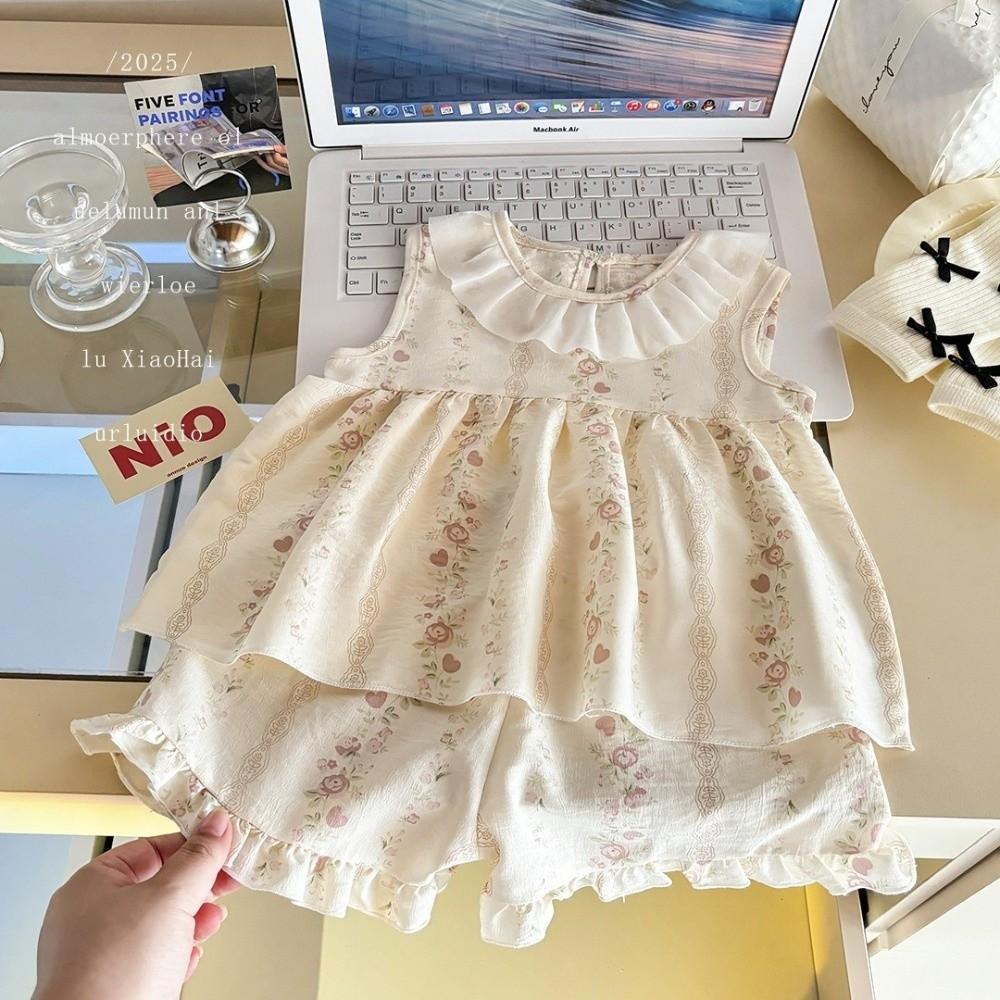 Floral Print Two-Piece Sleeveless Princess Set 1-4Y Top + Shorts Set Sleeveless Outfit Toddler