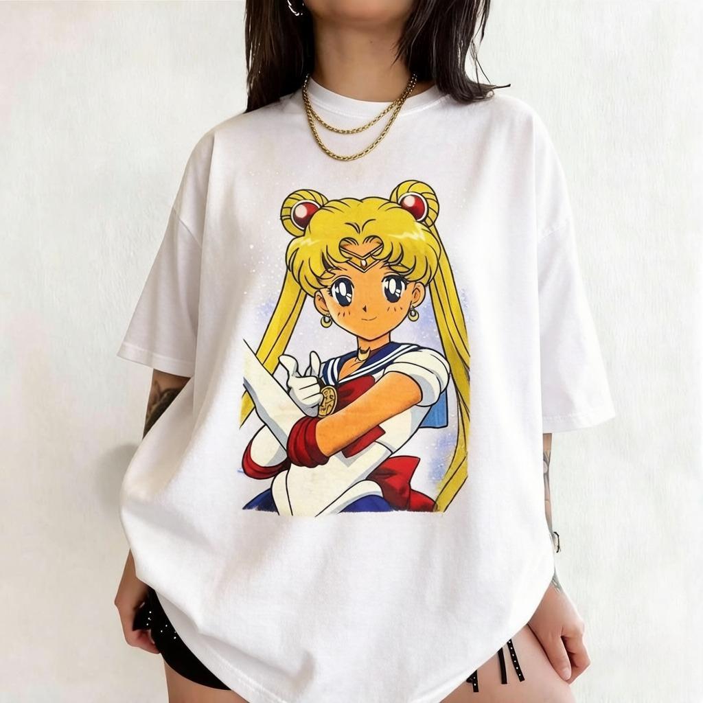Anime Sailor Moon Retro Pattern Summer Cotton Tshirt for Both Unisex and Women Street Casual Trendy Shortsleeved Design