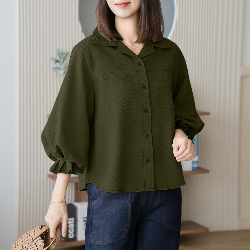 ZANZEA Women Casual Turn Down Collar Solid Color Loose 3/4 Sleeve Blouse