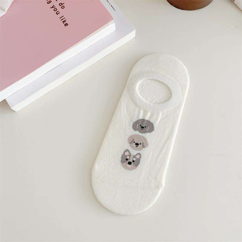 Spring and Summer Cute Little Animal Boneless Boat Socks for Girls, Cartoon School Style Pure Cotton Short Tube Anti-slip Invisible Socks