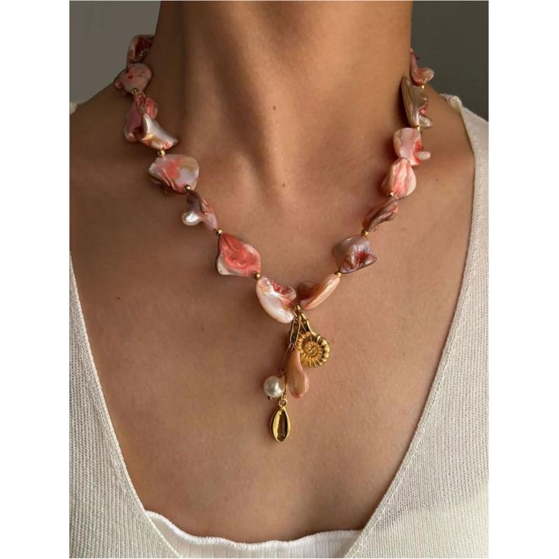 Handmade Imitation Pearls Shell Necklace With Conch Charm Stainless Steel Lightweight Fashion Jewelry Gift
