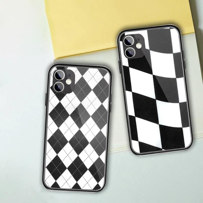 Black White Checkered Phone Case For IPhone 13 12 11 XS X 8 7 6 Plus Mini Pro Max SE 2022 Black PC TPU Glass Phone Cover