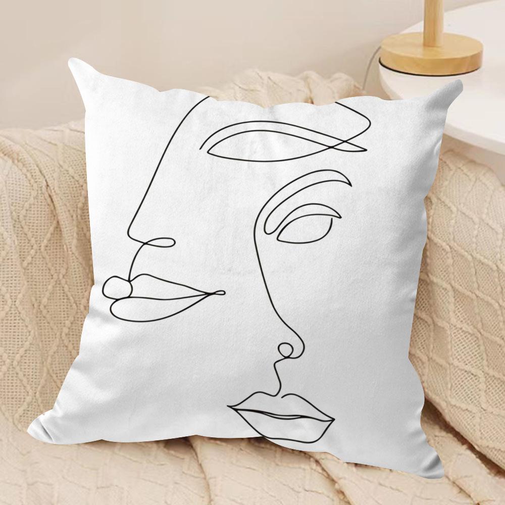 Black White Couple Line Cushion Cover Soft Plush Fabric Double-Sided Printed Sofa Cushion Cover for All Seasons Home Decor Gift