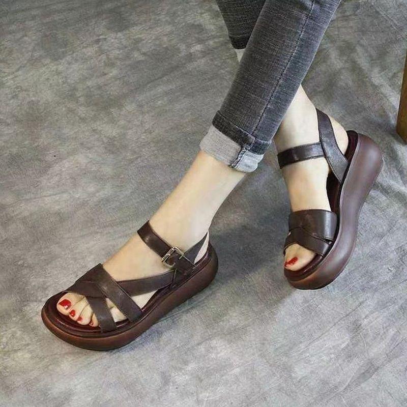 Женские сандалии на платформе из мягкой кожи, женские летние повседневные сандалии, сандалии на танкетке с мягкой подошвой, удобные, универсальные, пляжные сандалии 40 коричневый