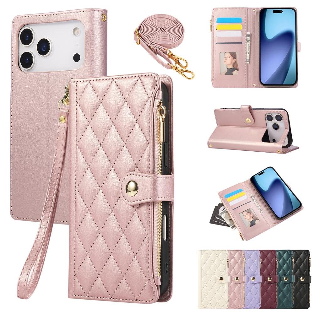 PU Leather Card Holder Wallet Phone Case with Crossbody & Wrist Strap for 16E 17 Ari 16 15 14 13 12 11 Pro Max XS 8 Plus