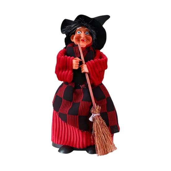 Halloween Witch Doll Decoration Spooky Witch Statue with Broomstick for Home Living Room Fireplace Mantel End Table Desktop Decor