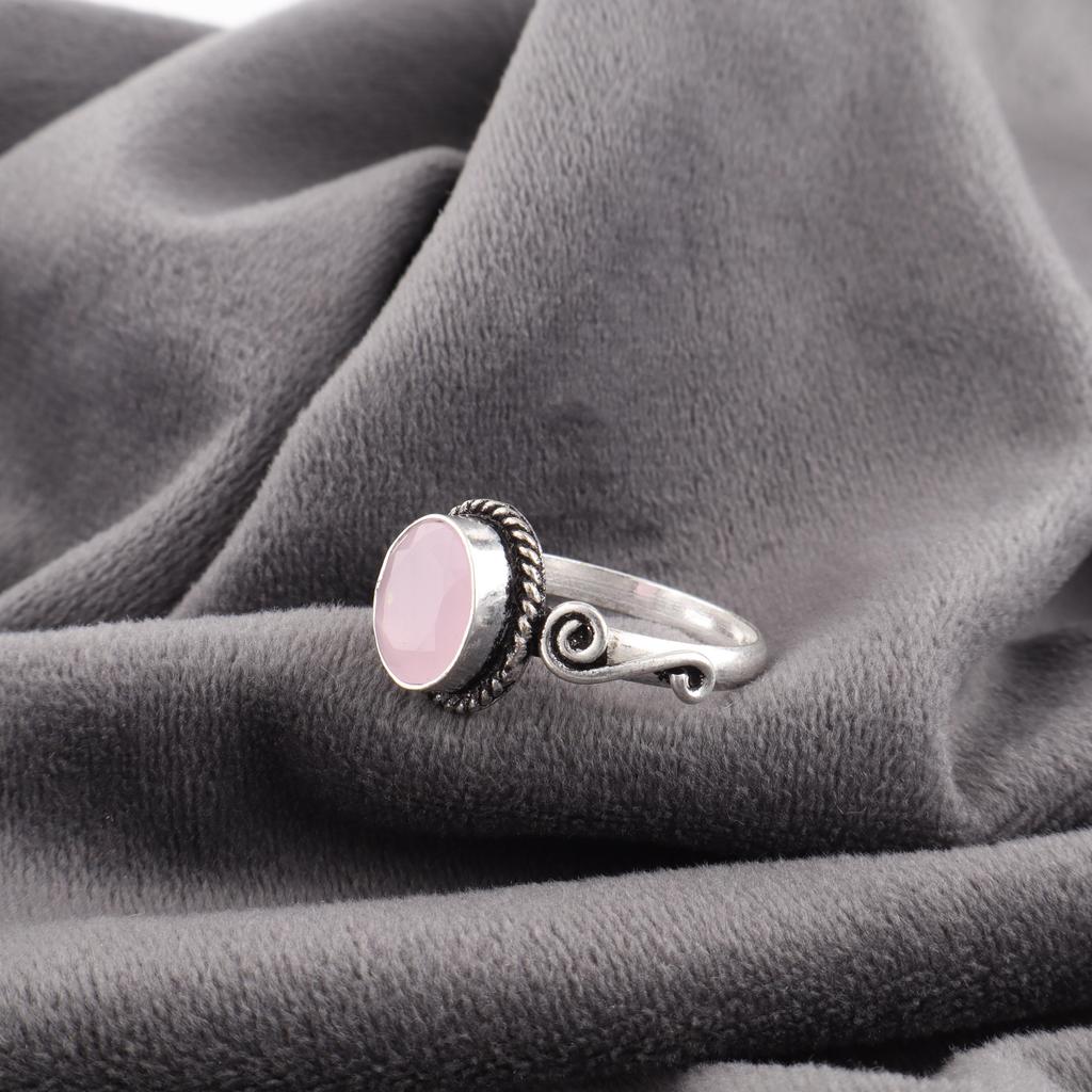 Adorables Bijoux en Pierre Gemme Calcédoine Rose, Bague en Argent Sterling 925, Bague de Guérison Fait Main Cadeau Pour Femmes