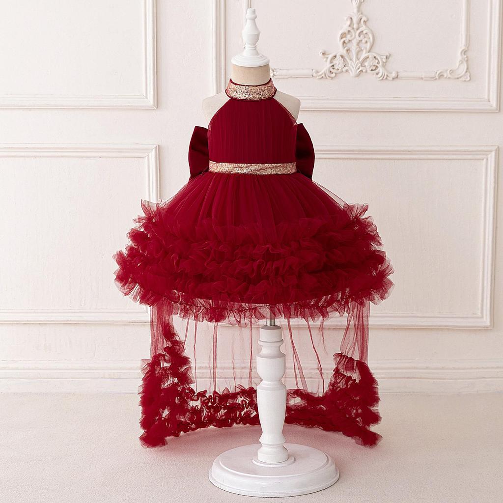 Children's Halter Princess Dress with Train & Puffy Mesh Skirt - Perfect for Evening, Holiday Parties, or Performances