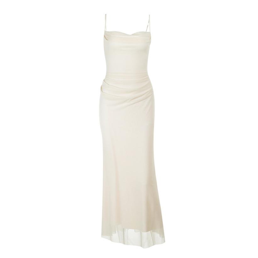 Sexy Celebrity Solid Color Waist Pleated Swing Neck Mesh Splicing Suspender Dress Women's Summer Slim Hip Wrap Dress