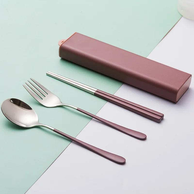 3pcs/Set Eco Friendly Dish Kitchen Accessories Silverware Sets Gold Knife Fork Spoon Portable Cutlery Sets With Case