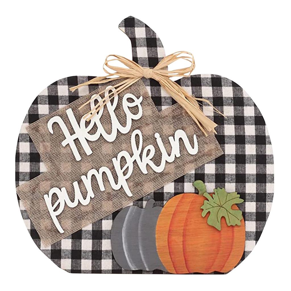Wooden Pumpkin Fall Tabletop Decoration - Checkered Pattern Rustic Thanksgiving Centerpiece for Home Shelf or Mantel