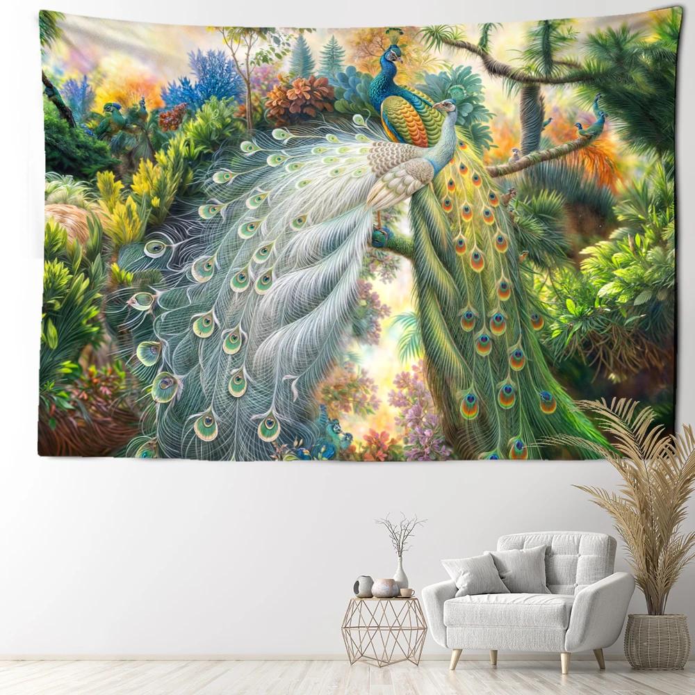 White Peacock and Blue Peacock Tapestry Wall Hanging Natural Art Forest Landscape Art Bohemian Hippie Dormitory Home Decor