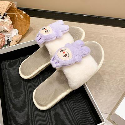 Non-slip Warm One-word Cotton Slippers Cartoon Cute Fluffy Cotton Slippers Female 2025 Autumn and Winter Indoor Home