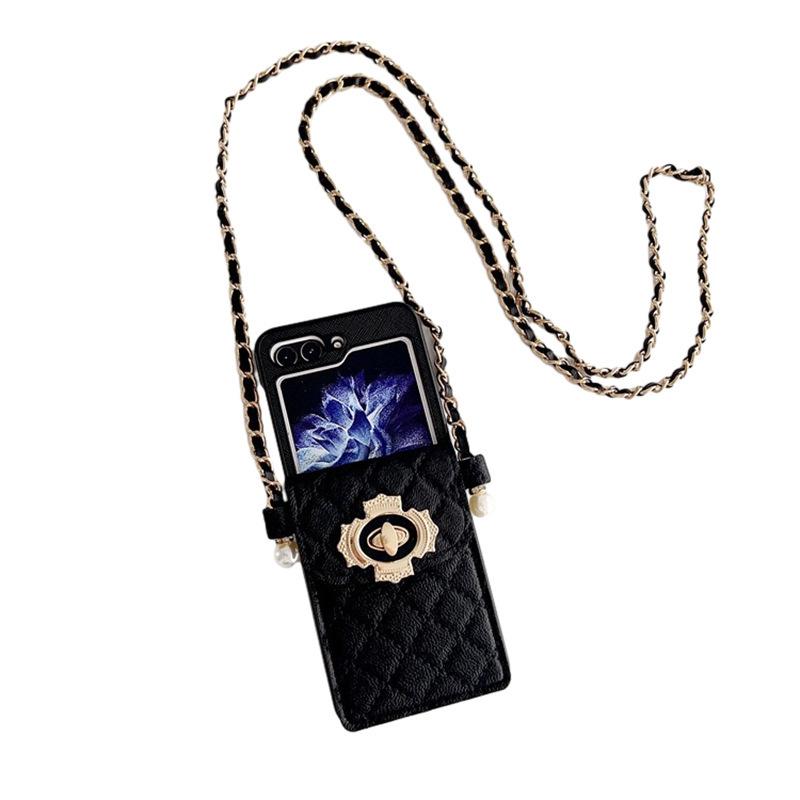 For Samsung Zflip5 Lock Flower Wallet Phone Case P50pocket Crossbody Rope Chain Folding Flip