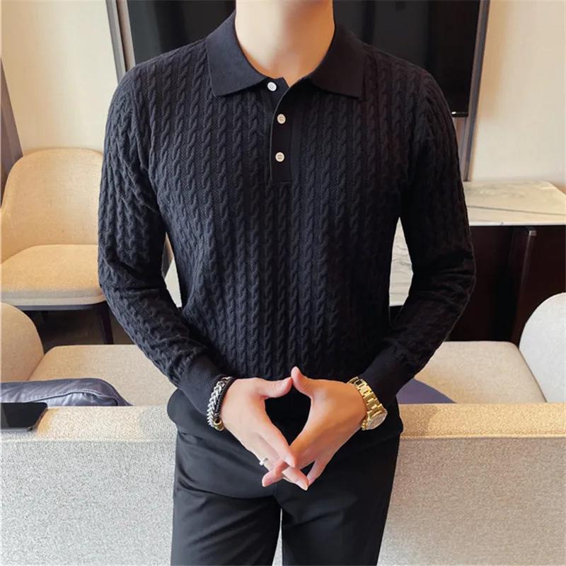 High Quality England Style Knit Polo Shirts Men Turn Down Collar Smart Casual Knitted Polos Autumn Mens Slim Fit Pullover Tops