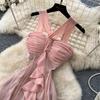 French Holiday Style Neck Mesh Dress Women's Summer Romantic Style Sleeveless Ruffle Edge Thin Temperament Long Dress