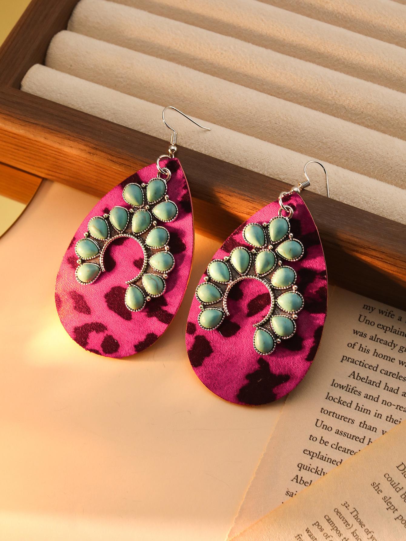 Преувеличенные металлические серьги-капли с бирюзовым стеклом Леопардовые преувеличенные модные серьги Богемные винтажные серьги