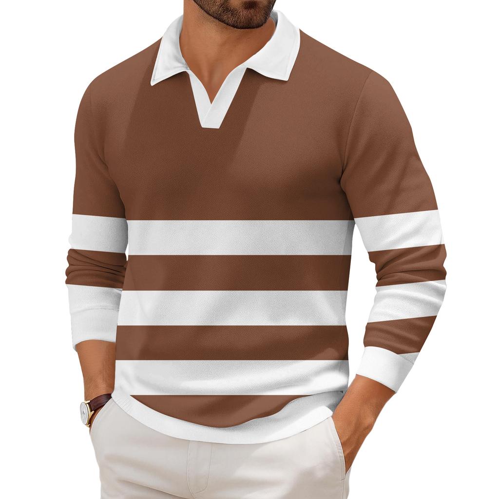 Men's Casual Fashion Printed Lapel Long-sleeved Knitted Bottoming Shirt Top