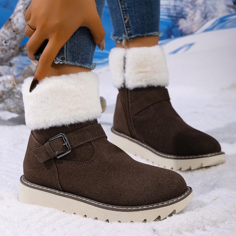 Snow boots women's winter wish cotton shoes new belt buckle warm large size velvet side zipper