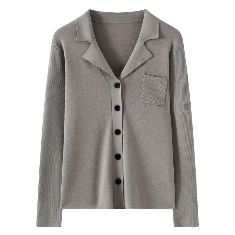Women's Fashionable Polo Collar Knit Cardigan - 2026 Spring/Summer Collection: Solid Color Long Sleeve Outerwear Top