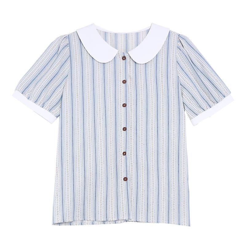 Betu Women s Striped Puff Sleeve Doll Collar Short Sleeve Shirt S
