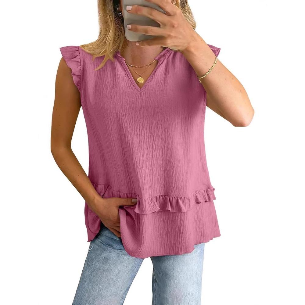 women's Ruffle V Neck Sleeveless Blouse Casual Loose Fit Summer Tunic Tops