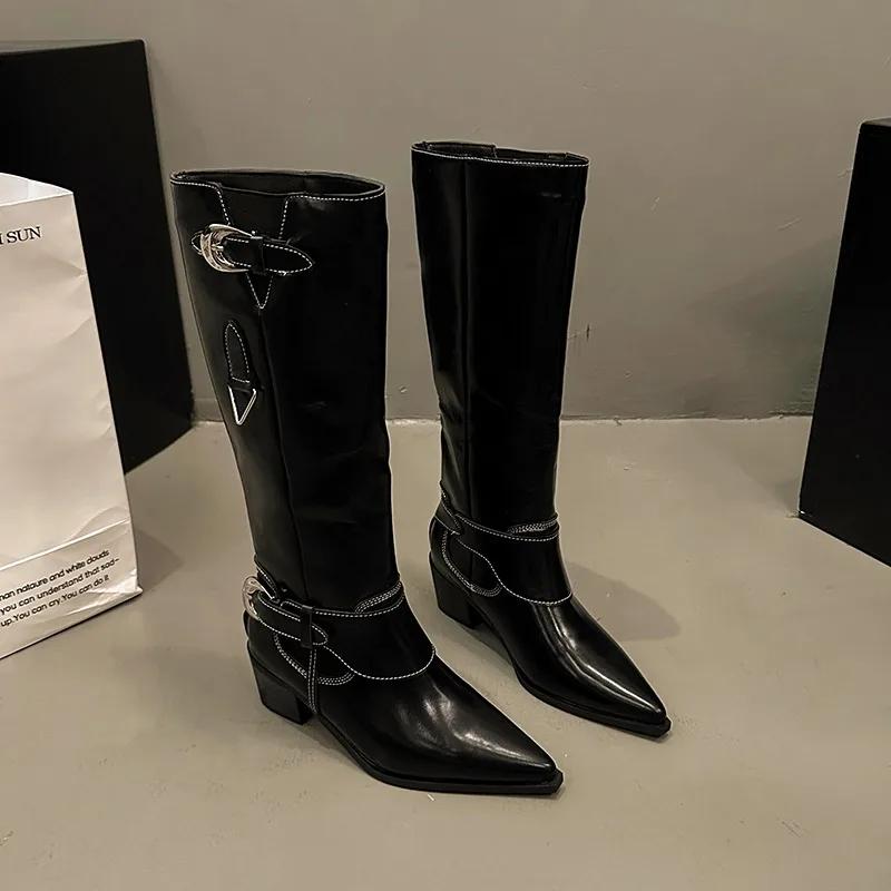 Women Chelsea Long Boots Pointed Toe Buckle Luxury High Heels 2024 Shoes Autumn New Trend Gladiator Women Knee High Botas Pumps