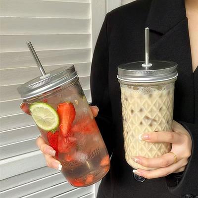 Taza de Vidrio Transparente Estilo Ins con Tapa y Pajita Gran Capacidad Resistencia al Calor Vasos para Té con Leche Boba Taza de Café Vaso para Jugo Bebida Fría