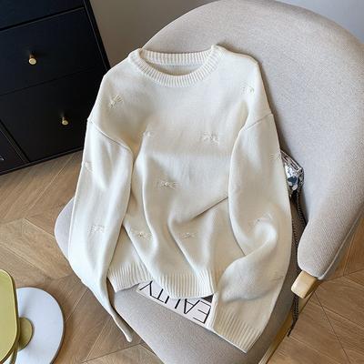Real Shot, White Bead Bow, Small Raccoon Fleece Pullover, Women's Autumn and Winter Thickened Knitted Sweater, Top.