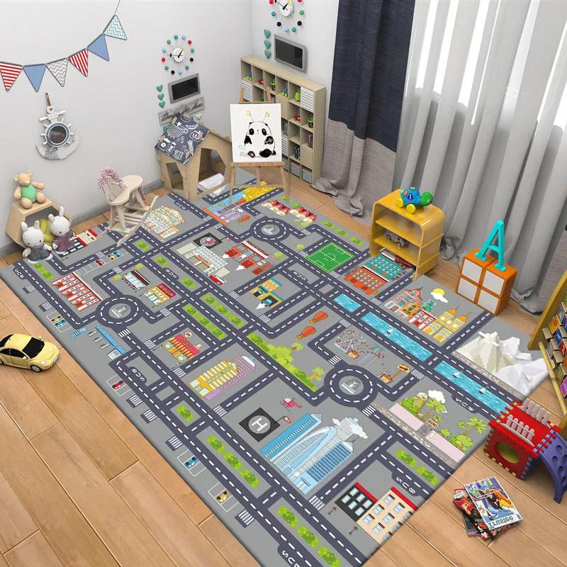 Kids Car Park Theme Crawling Carpets for Living Room Decoration Kids Bedroom Home Decor Sofa Carpet Non Slip Area Rug Floor Mat