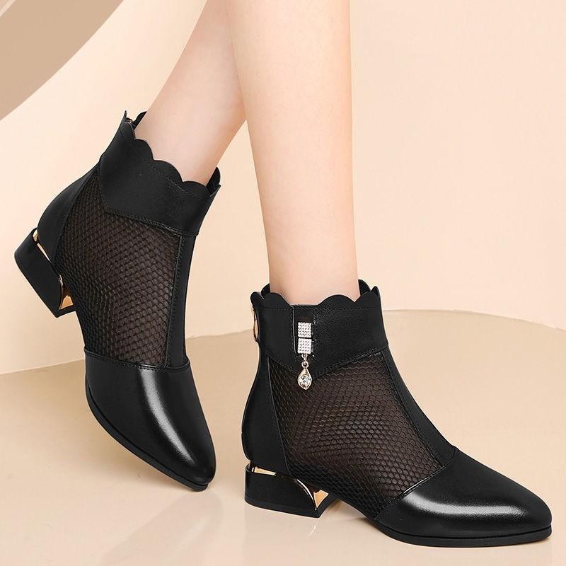 Real Soft Leather Mesh Cool Boots New Spring and Summer Middle Heel Breathable Soft Sole Low Heel Non-slip Round Head Thick Heel Sandals Women