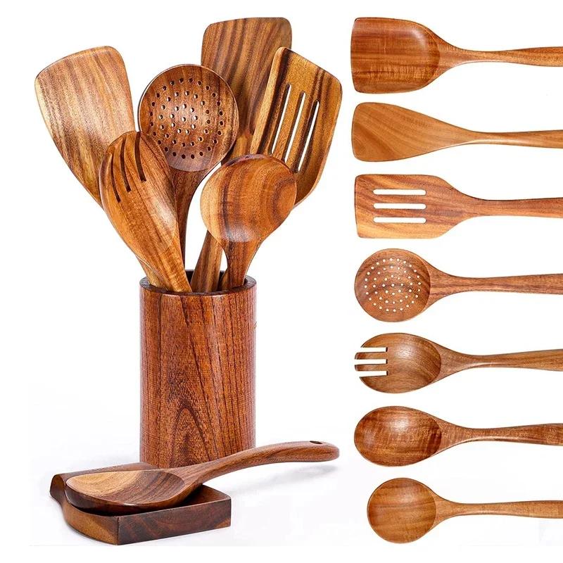 Natural Teak Cooking Spoon Non-Stick Cookware for Kitchen Wooden Handle Soup Spoon Spatula Rice Spoon Shovel Kitchen Sets