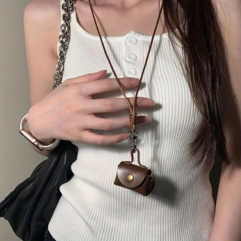 Mini Leather Coin Purse Pendant Necklace for Women Vintage Adjustable Leather Rope Sweater Chain Necklace Jewelry Gifts
