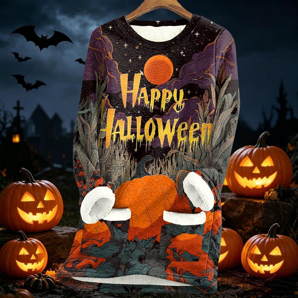 Women Long Sleeve Fleece Lined Tunic Sweater Dress with Halloween Print Soft Warm Thickened Sherpa Pullover for Autumn Winter