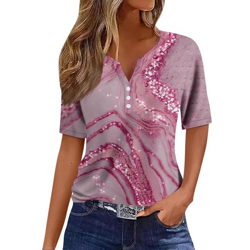 T-Shirt V-Neck 3 D Print Short Sleeve European Style Women XL