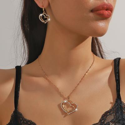 Double Hollow Love Heart Jewelry Valentines Necklace Inlaid Shiny Zircon Vintage Style Jewelry