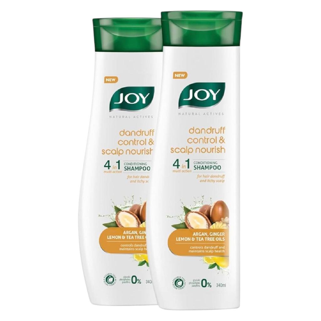 Joy Natural Actives Dandruff Control 4 in 1 Conditioning Shampoo Pack of 2 X 340ml With Argan Ginger Lemon Tea Tree