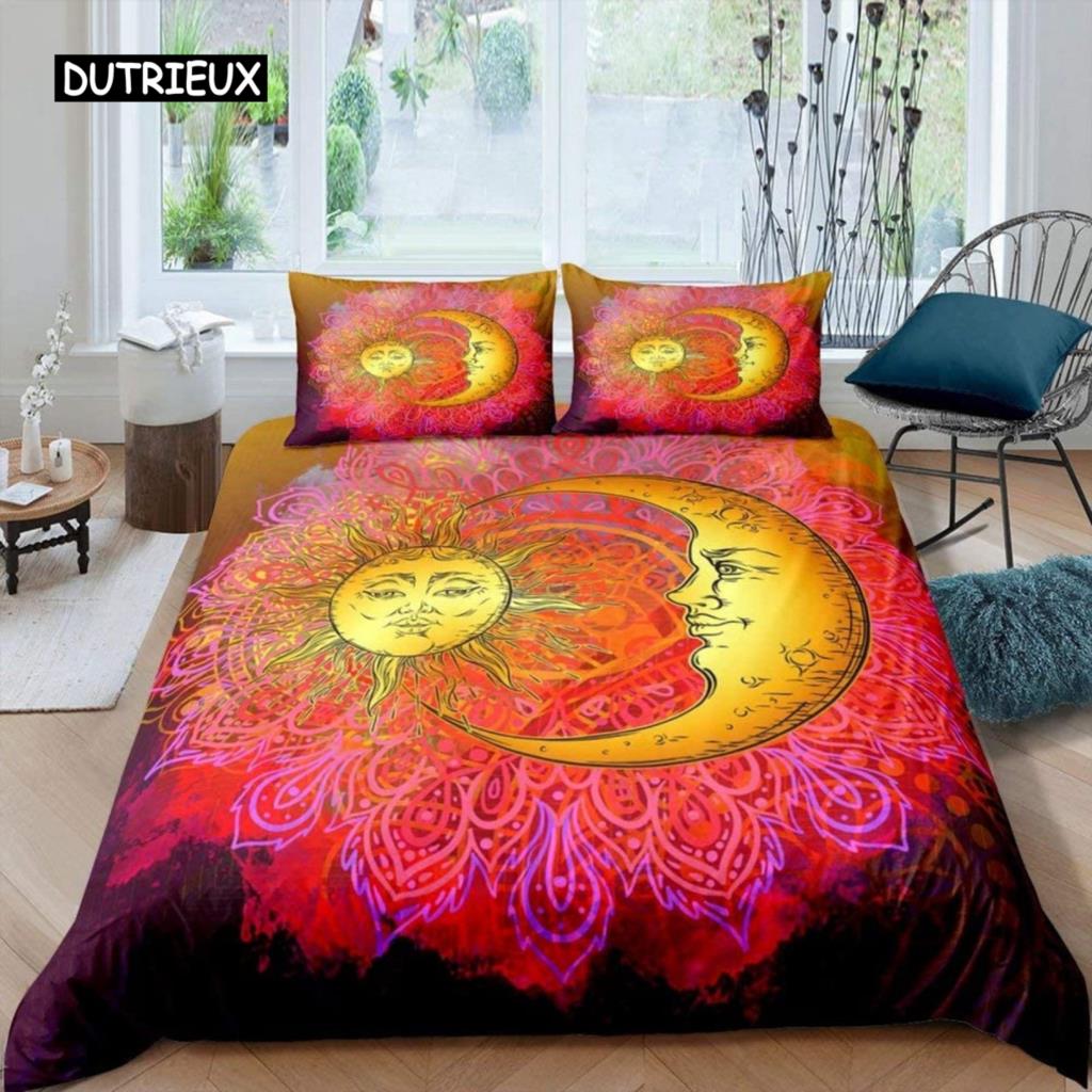 Sun Moon Duvet Cover Set Queen Microfiber Bohemian Black and White Print Yin Yang Comforter Cover Galaxy Star Twin Bedding Set