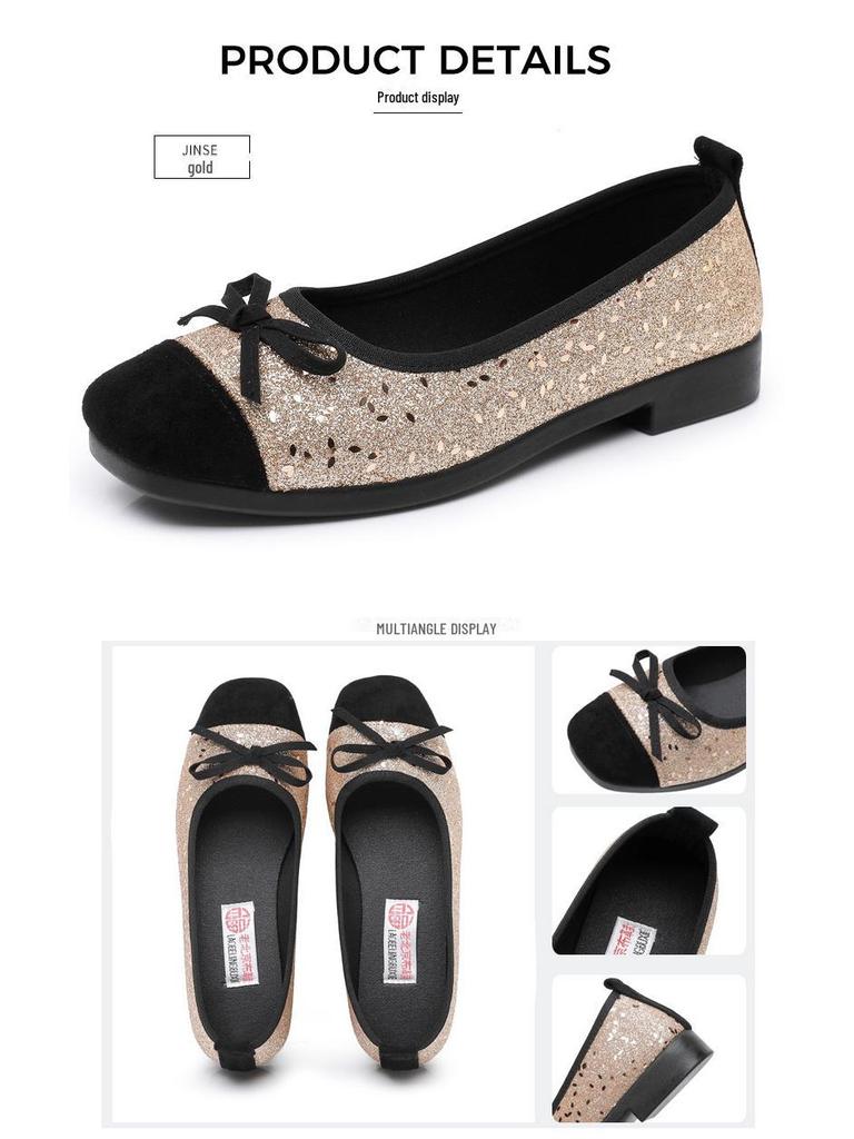 2025 New Women's French-Style Sequined Bow Flats: Square Toe, Shallow Mouth Evening Shoes
