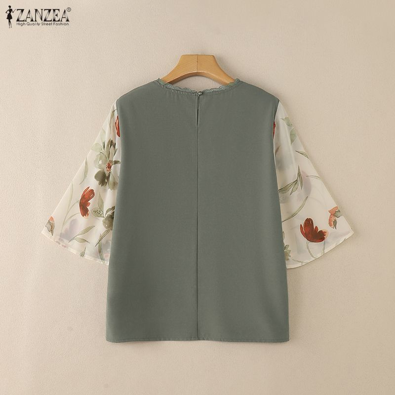 ZANZEA Women Casual Round Neck Splice 3/4 Sleeve Loose Blouse