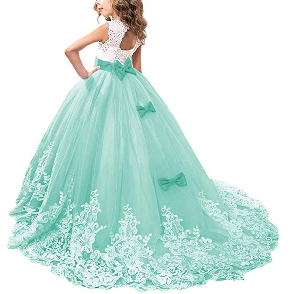 Elegantes Prinzessinnenkleid mit Puffärmeln und Spitze für Mädchen - Formelles Hochzeits-Blumenmädchenkleid mit Schleppe