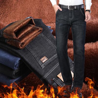 Mode gewatteerde jeans heren herfst- en wintermodellen los recht elastisch heren verdikt warm lange broek