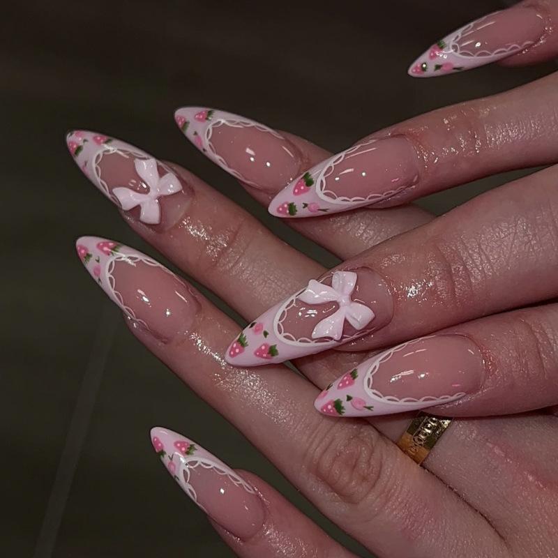 Пасторальные французские клубничные накладные ногти с объемными бантиками, популярные миндалевидные накладные ногти