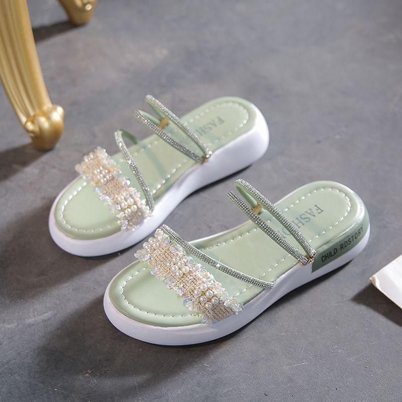 Flat-bottomed Rhinestone Two-wear Sandals for Women's Years, New Summer One-word Sandals with Sandals, and Thick-soled Wedge Heels for Women's Shoes.