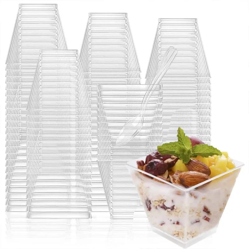 

100PCS 60ML Transparent Dessert Cup Disposable PP Trapezoidal Cup Restaurant Party Dessert Fruit Ice Cream Container Square Mini