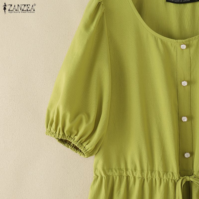 ZANZEA Women Casual Round Neck Solid Color Short Sleeve Dress