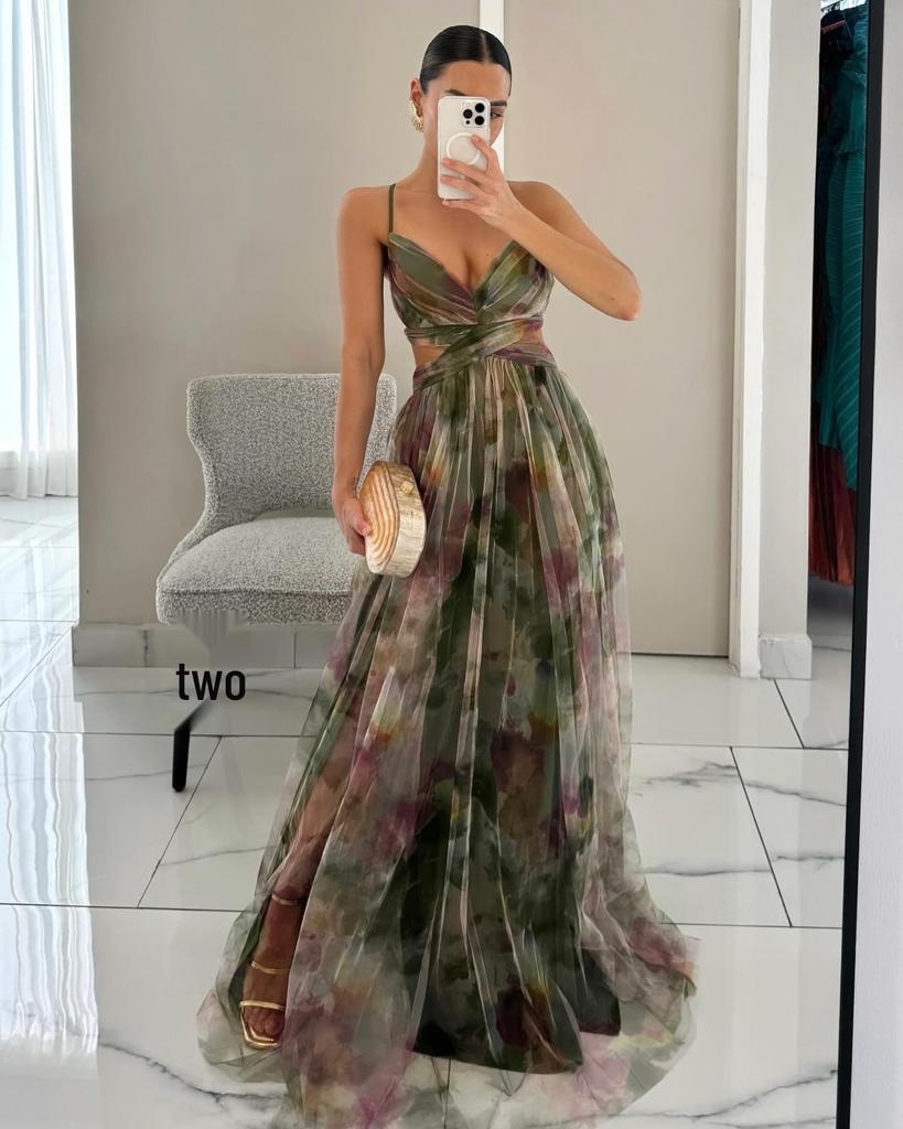 European & American Mesh Print Spaghetti Strap Dress - Spring/Summer Casual or Party Wear