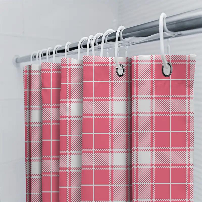 Country Style Red Checkered Shower Curtain Waterproof Bath Rug Cover Decorative Liner For Bathroom Large Size (230X180Cm)