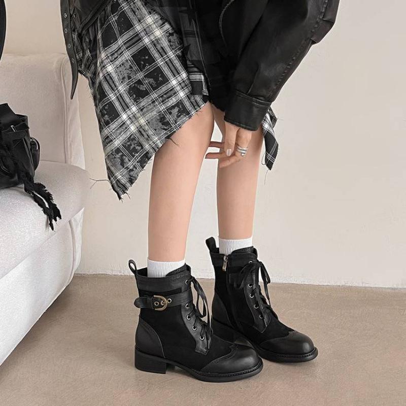 Autumn and Winter Leather Knight Boots Women's Thick-soled Non-slip Medium Heel Round Head Versatile Women's Leather Boots New Cowhide Medium Boots
